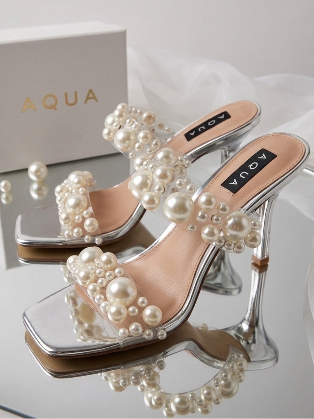 NIB | AQUA Dazel Pearl Embellished Square Toe Sandals - Silver Size 8